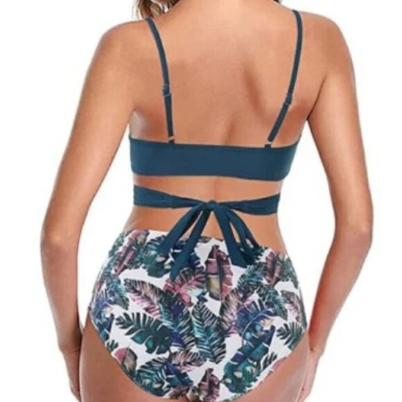 CRISS CROSS TROPICAL TWO-PIECE SEXY HIGH WAIST SWIMSUIT - Picture 3 of 12